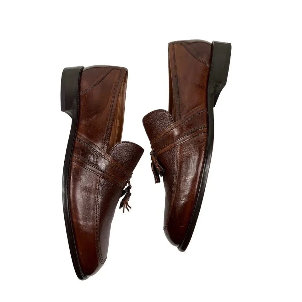 Bostonian Brown Leather Upper Dress Shoe Slip On Tassels Made in Italy Size 12